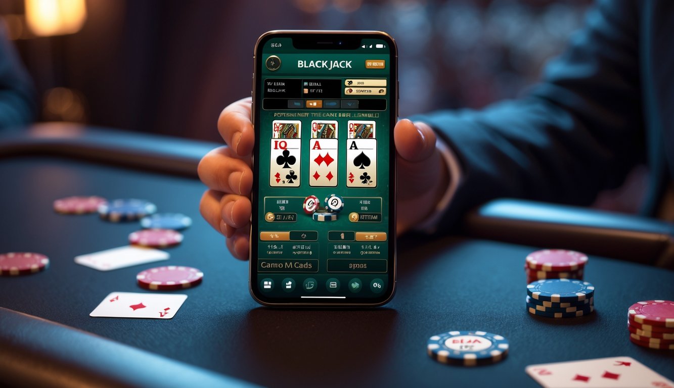 Seseorang memegang ponsel yang menampilkan permainan blackjack dengan kartu dan chip poker di atas meja kayu gelap.