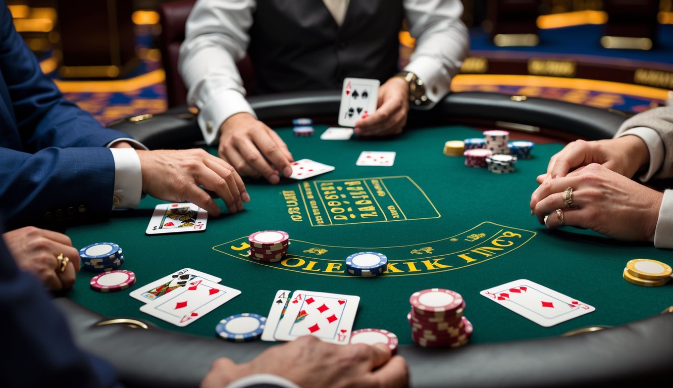 Meja blackjack di kasino dengan kartu dan chip, dealer sedang membagikan kartu kepada pemain.