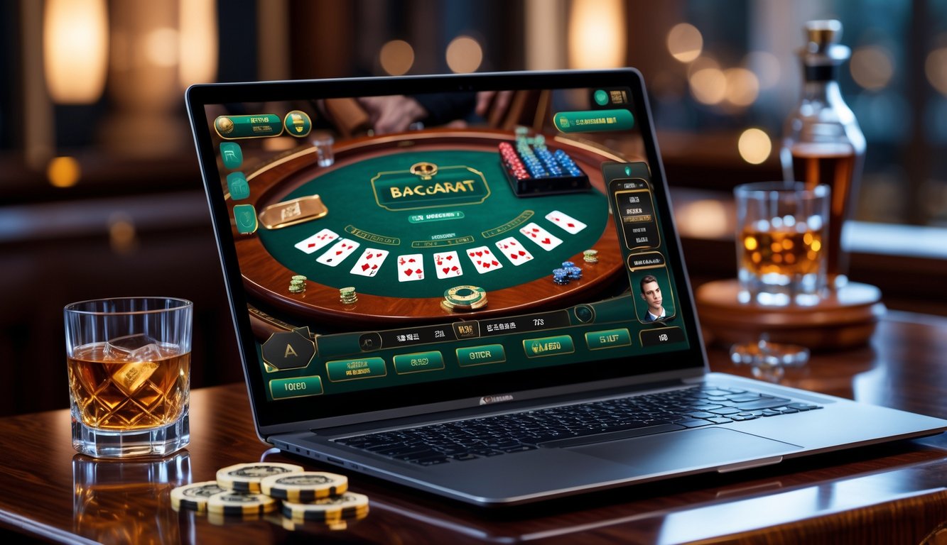 Seseorang bermain baccarat online di depan laptop dengan suasana mewah dan pencahayaan hangat.