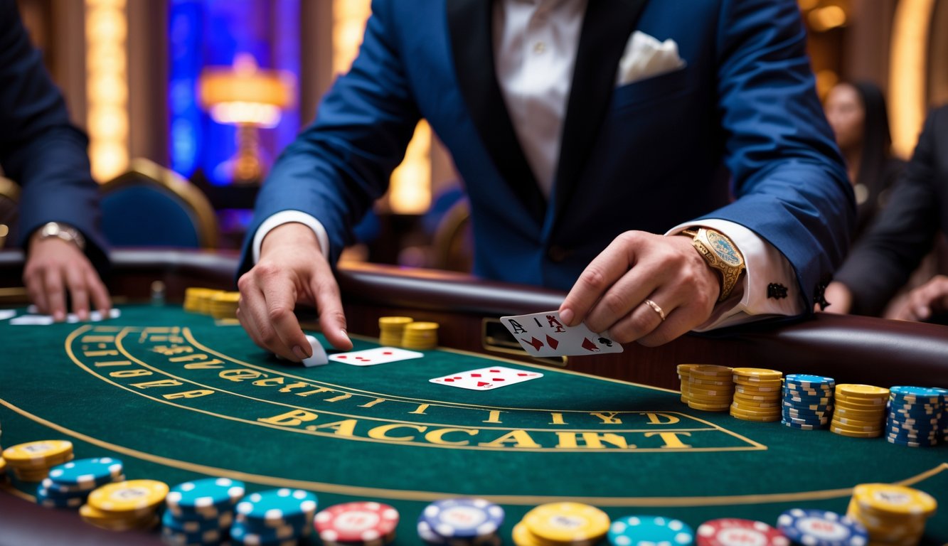 Seorang dealer sedang membagikan kartu di meja baccarat dengan chip dan tangan pemain terlihat di kasino mewah.