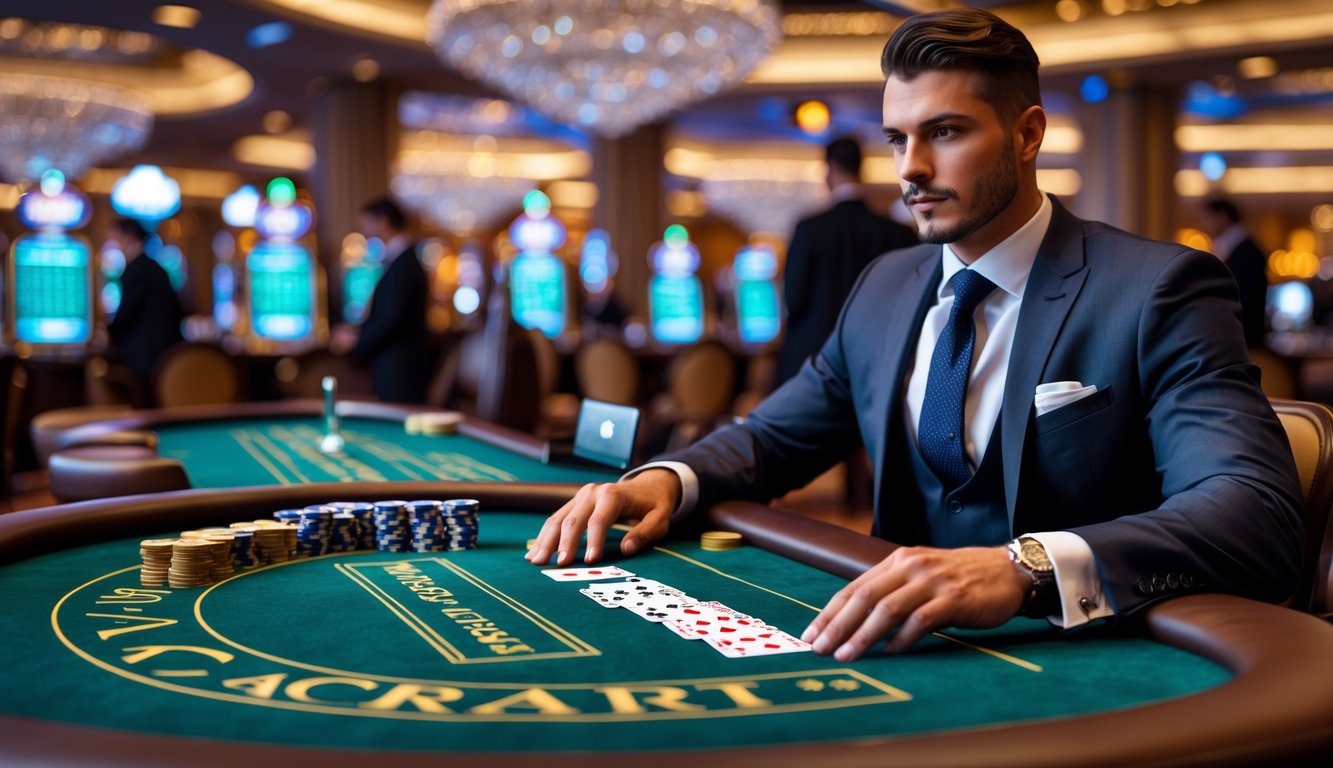 Seorang pemain berpakaian rapi duduk di meja baccarat dengan kartu dan chip, di dalam kasino mewah dengan pencahayaan lembut.