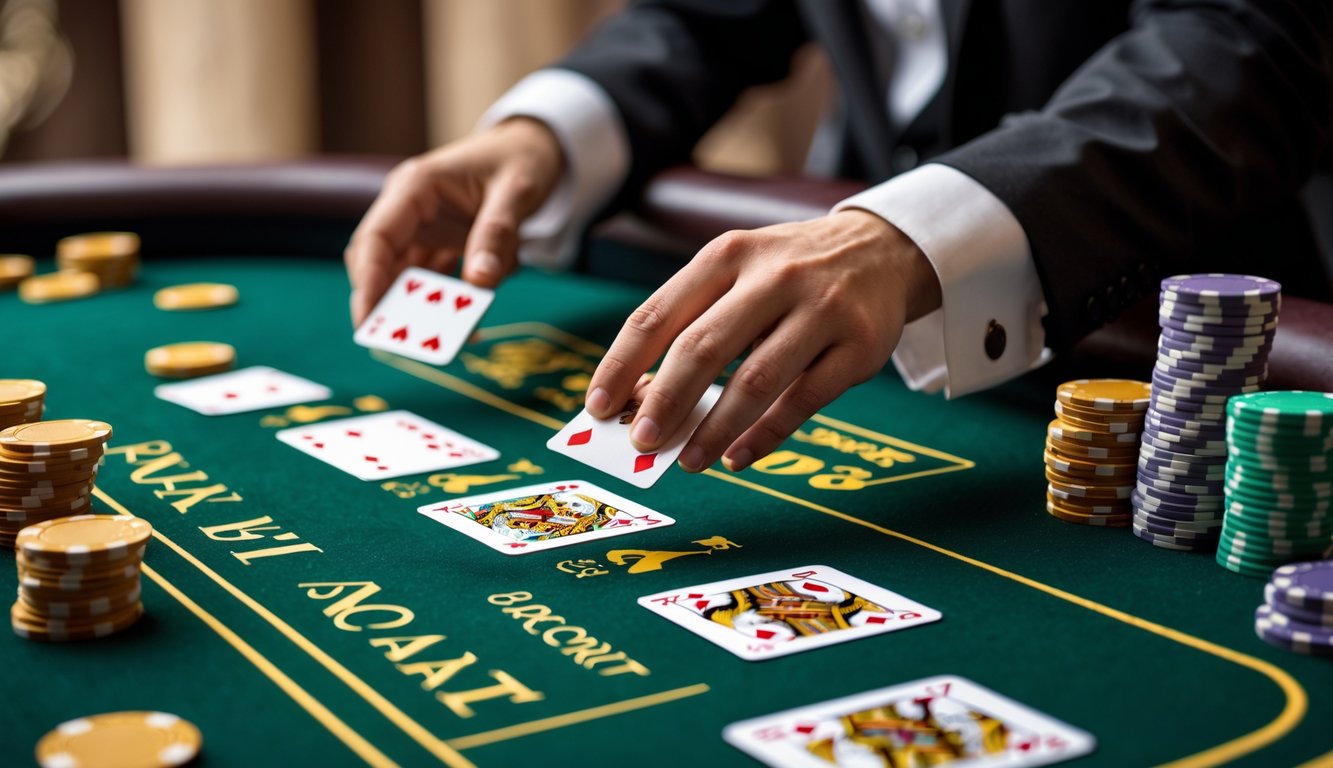 Tangan dealer sedang membagikan kartu di meja Baccarat dengan tumpukan chip taruhan di atas meja hijau.