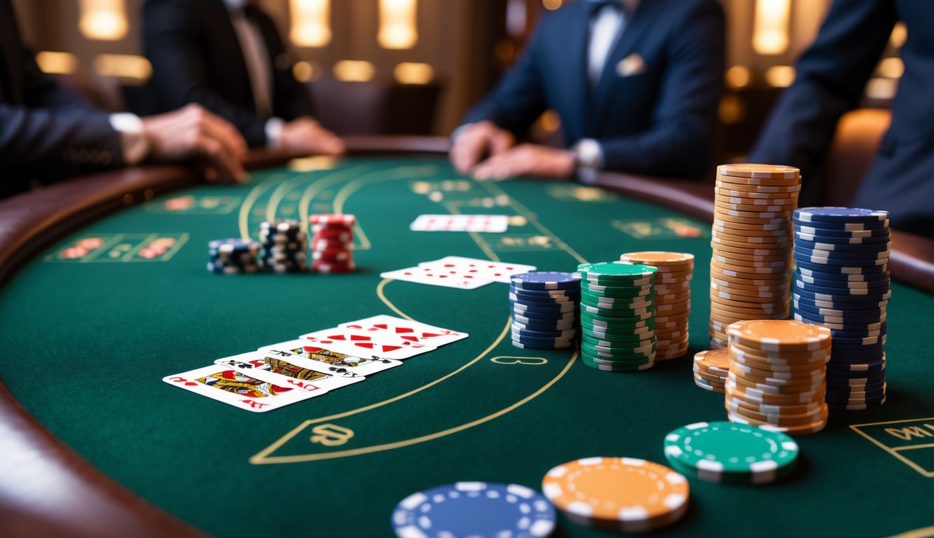 Meja permainan baccarat mewah dengan kartu dan chip kasino di kasino yang elegan.