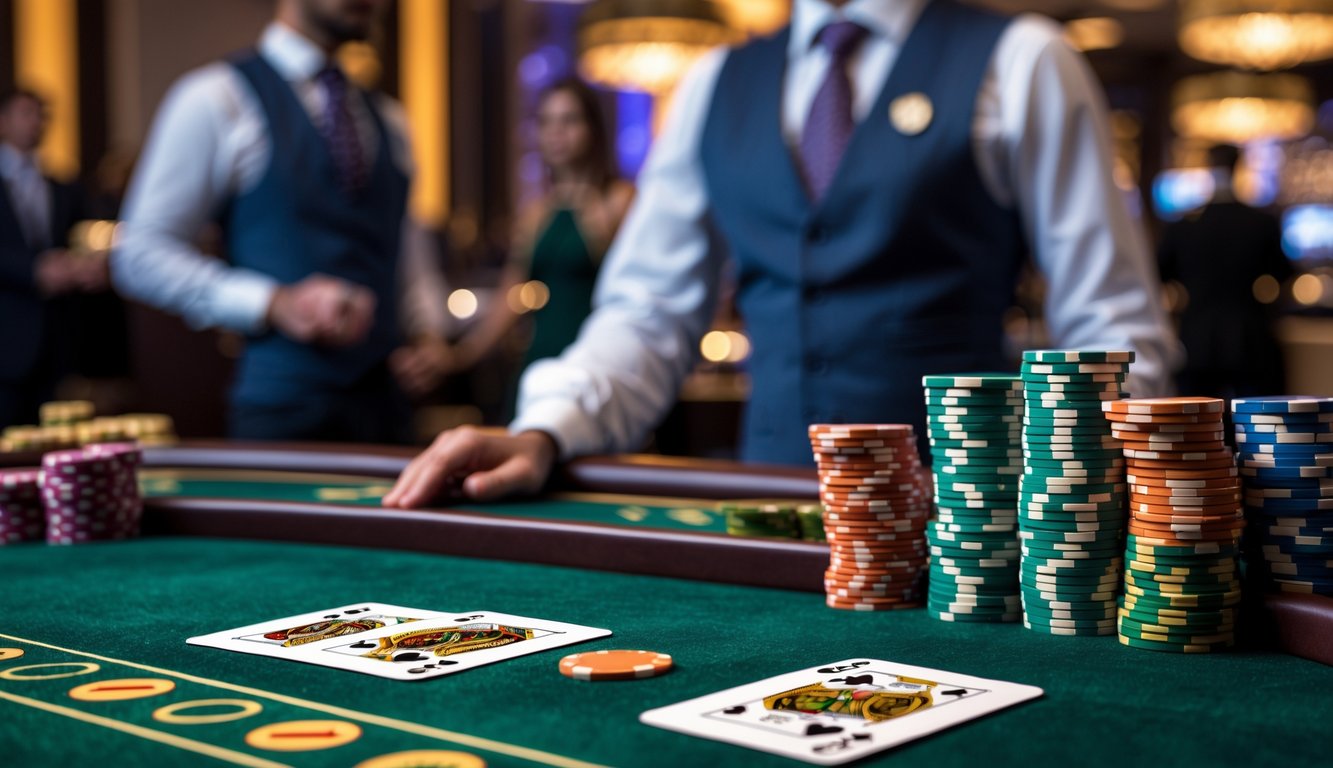 Meja baccarat dengan kartu dan chip kasino di kasino mewah dengan pemain dan dealer di latar belakang.