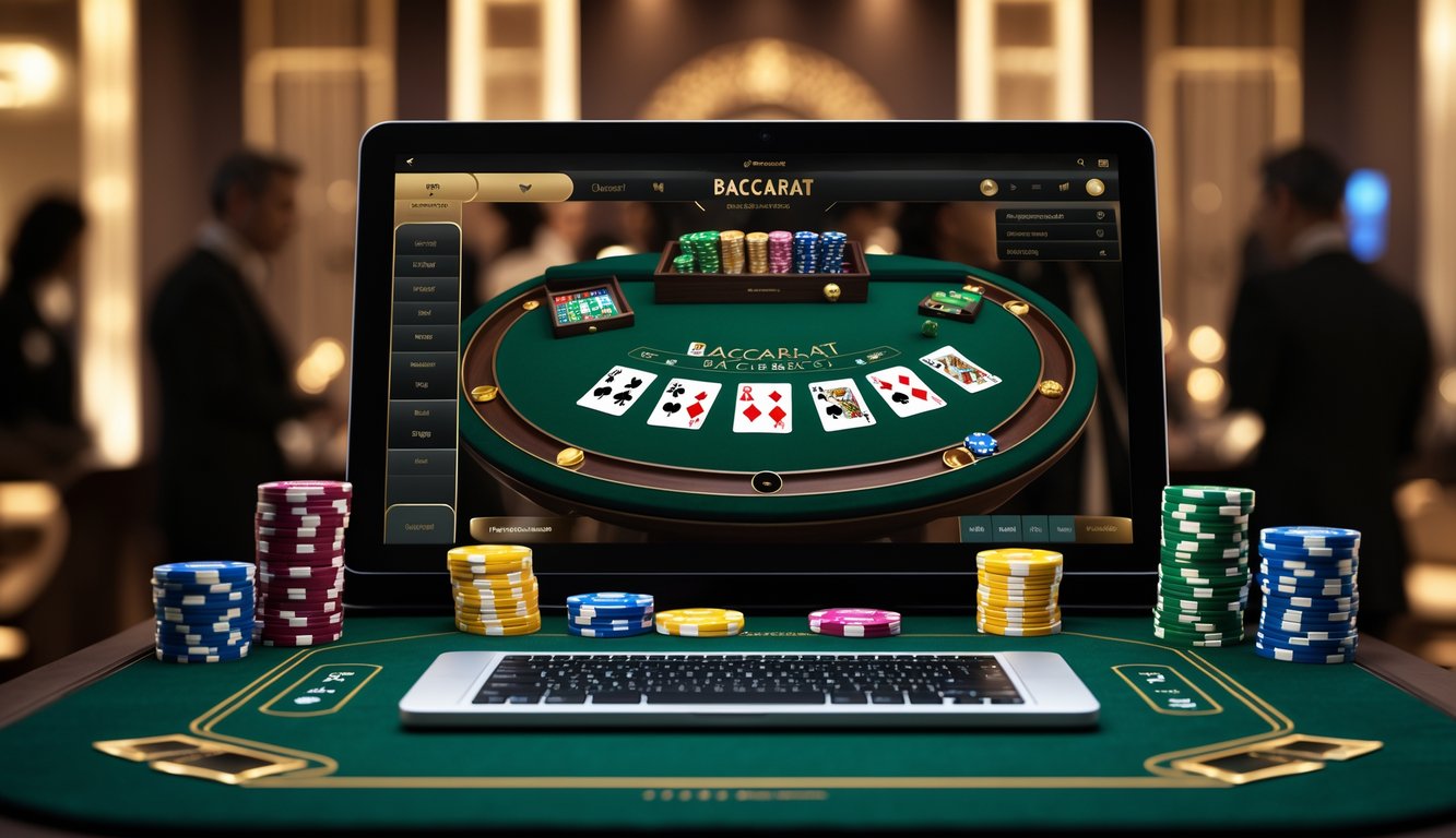 Sebuah meja baccarat digital yang ditampilkan di layar komputer dengan kartu dan chip berwarna-warni dalam suasana kasino yang mewah.