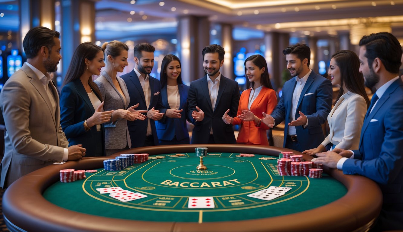 Sekelompok orang belajar bermain baccarat di meja kasino dengan kartu dan chip, didampingi oleh dealer yang menjelaskan aturan.