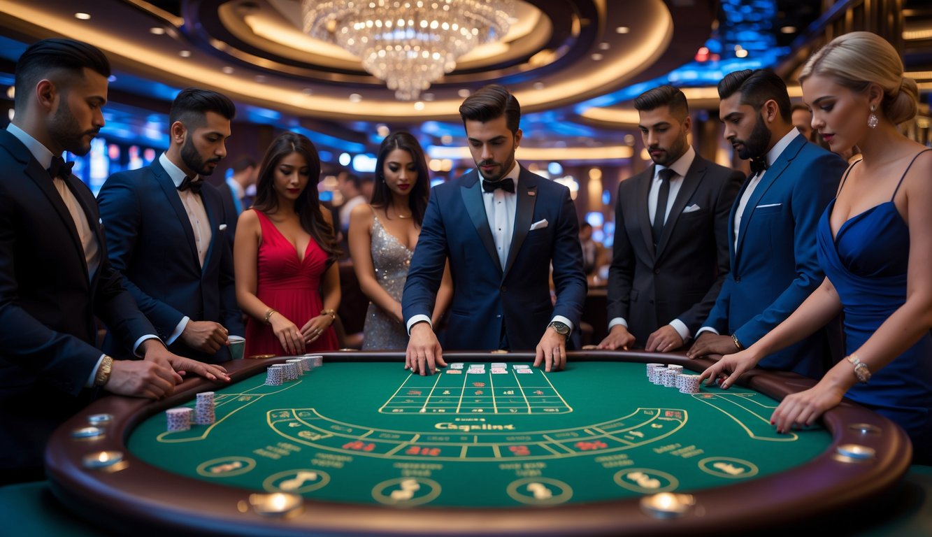 Seorang dealer dan pemain yang berpakaian rapi sedang bermain baccarat di meja kasino dengan suasana mewah.