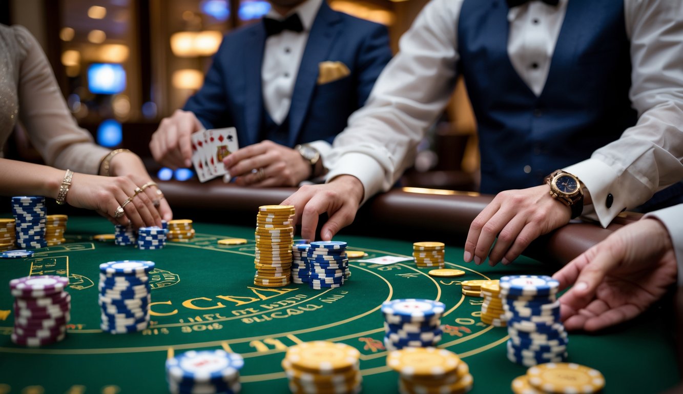 Meja baccarat dengan pemain yang sedang memasang taruhan dan dealer membagikan kartu di kasino mewah.