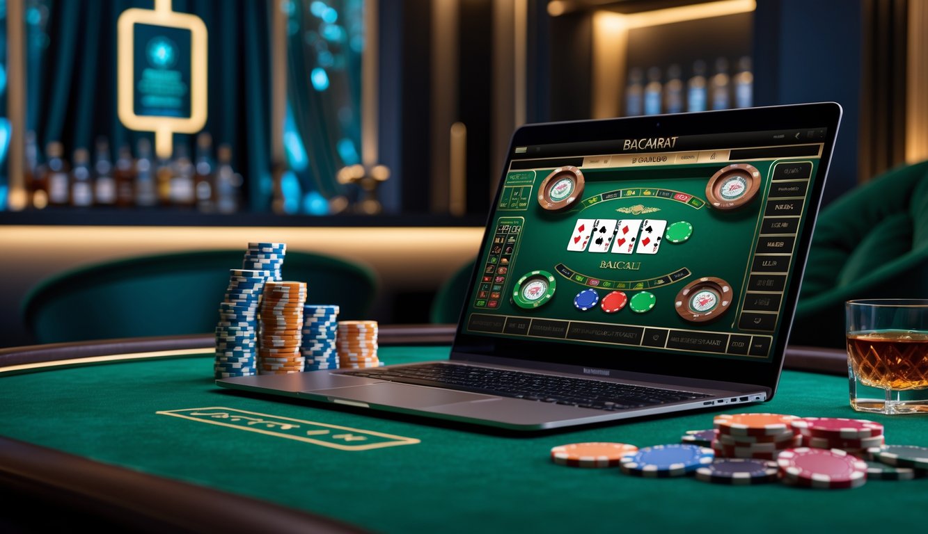 Seorang pria menggunakan laptop untuk bermain baccarat online di ruangan yang nyaman dengan dekorasi kasino.