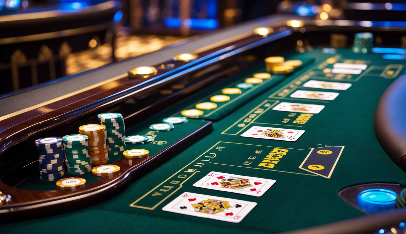 Meja permainan baccarat dengan kartu dan tumpukan chip poker di kasino.