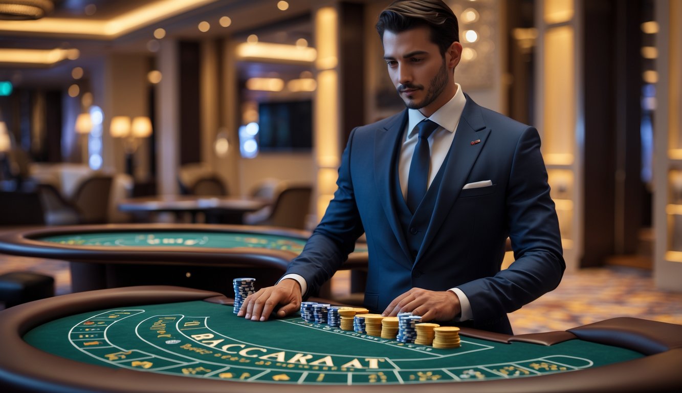 Seorang agen Baccarat berdiri di samping meja Baccarat di kasino mewah dengan kartu dan chip tertata rapi.