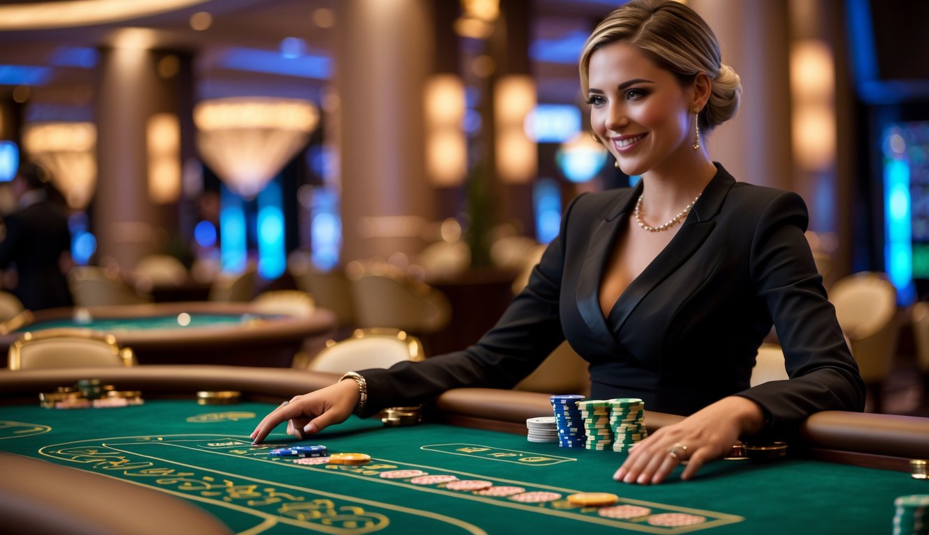 Seorang dealer baccarat wanita yang tersenyum di meja permainan kasino dengan kartu dan chip tertata rapi.