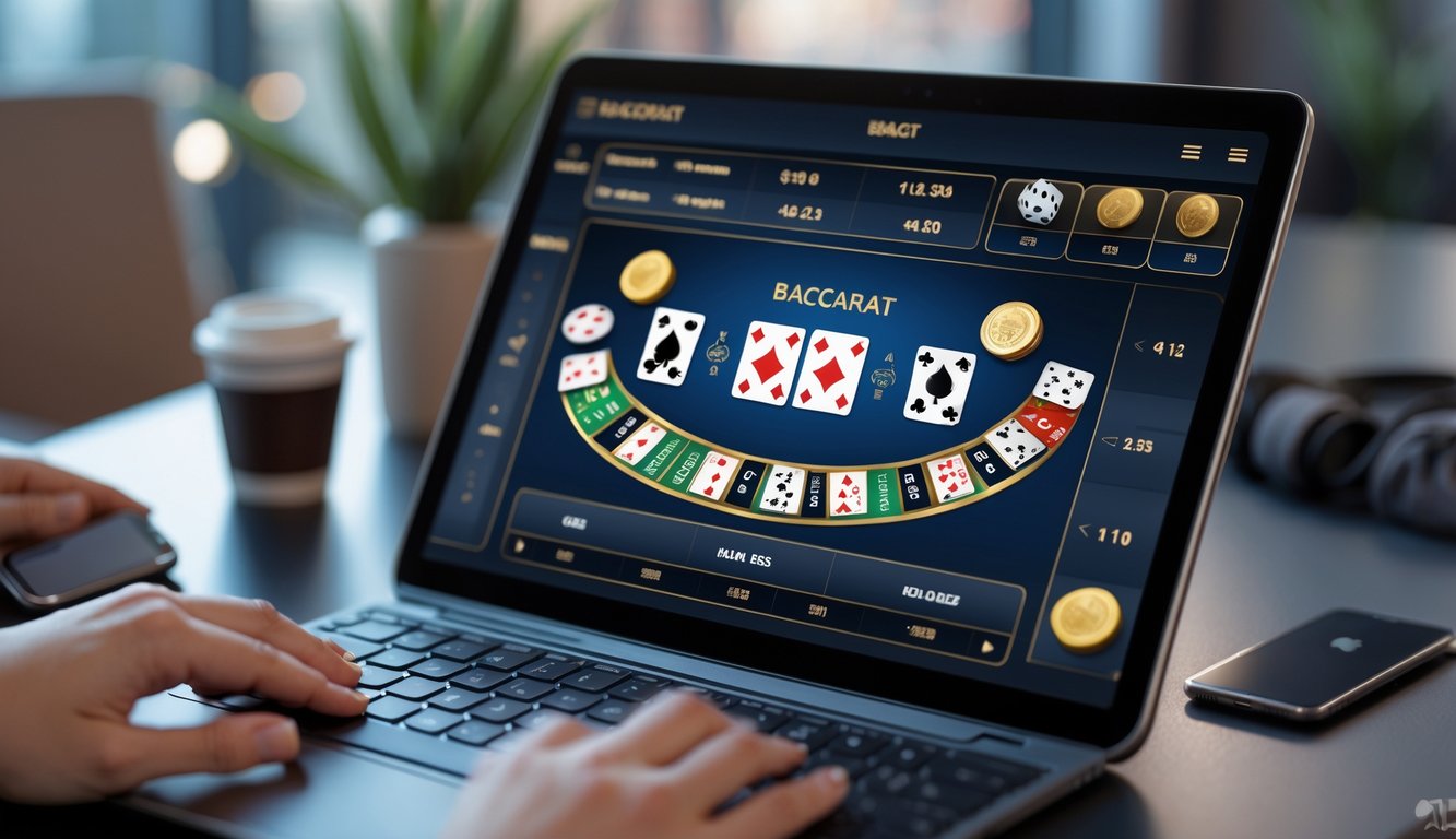 Seseorang bermain permainan Baccarat online dengan uang asli menggunakan perangkat digital di meja kerja.