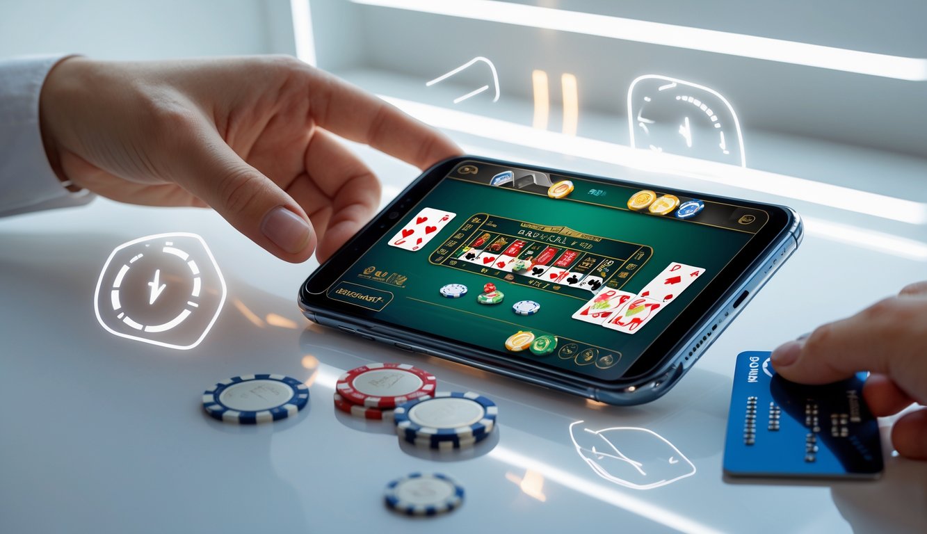 Sebuah ponsel menampilkan permainan baccarat online dengan tangan yang memegang kartu kredit di sampingnya, menggambarkan transaksi deposit pulsa.
