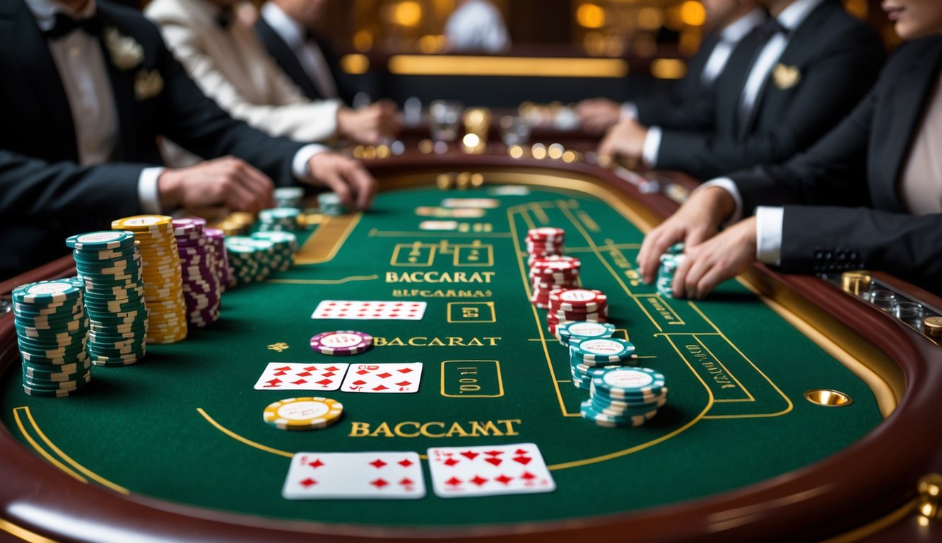 Meja permainan baccarat mewah dengan kartu dan chip di kasino yang elegan, pemain berpakaian rapi sedang bermain.
