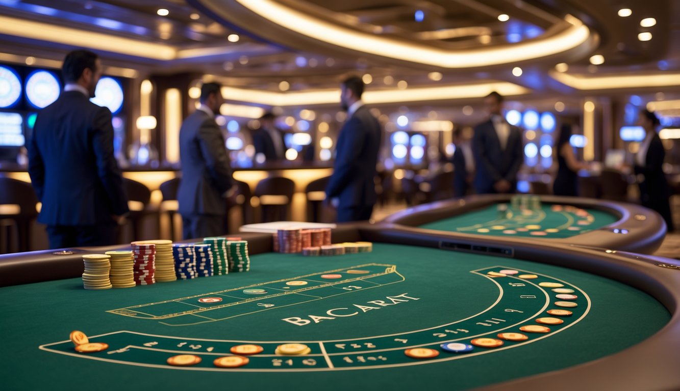 Meja permainan baccarat modern dengan kartu dan chip di kasino mewah.