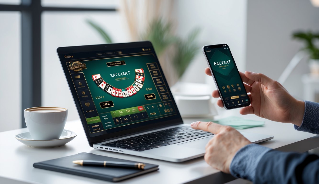 Seseorang menggunakan laptop dan ponsel untuk bermain dan belajar baccarat online di meja kerja yang rapi.