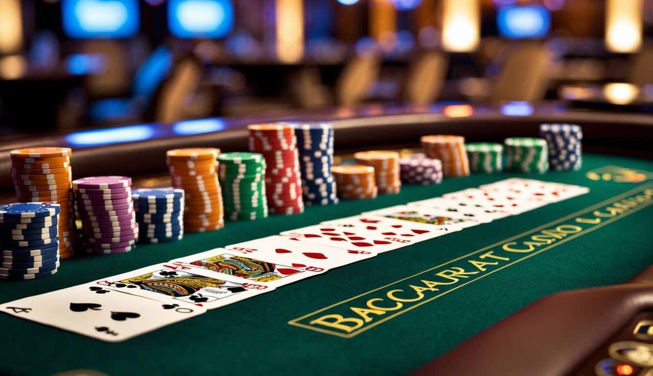 Meja baccarat mewah dengan kartu dan tumpukan chip kasino di lingkungan kasino yang elegan.