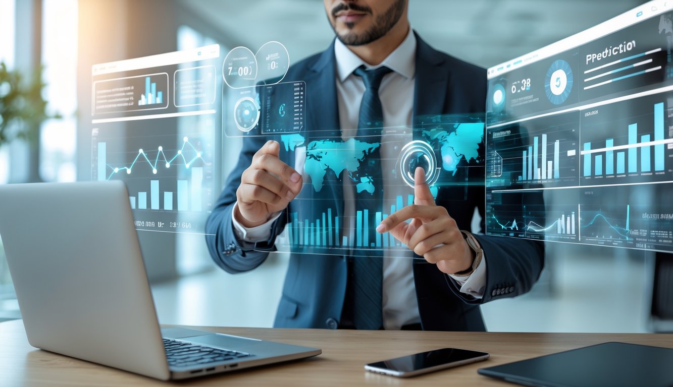 Seorang profesional bisnis sedang menganalisis data di depan beberapa layar digital di kantor modern.