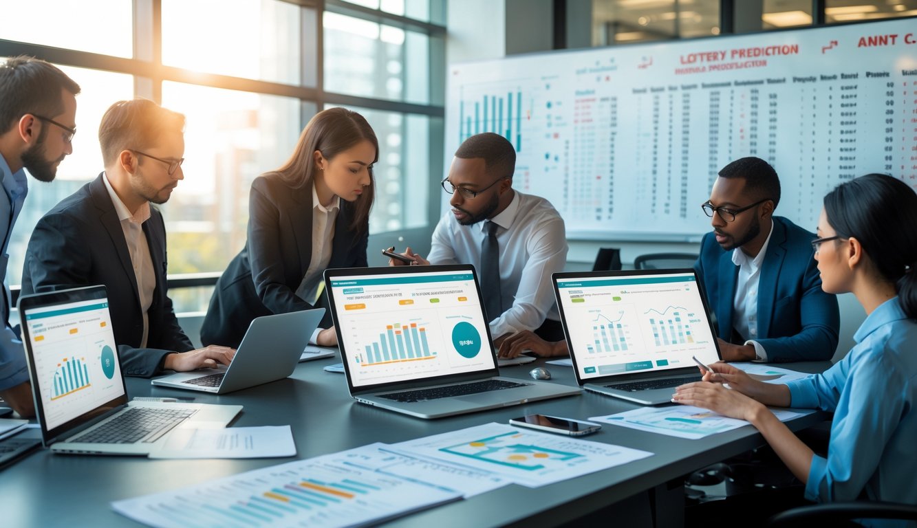 Sekelompok orang sedang menganalisis data dan angka di komputer dan kertas di sebuah kantor modern yang terang.
