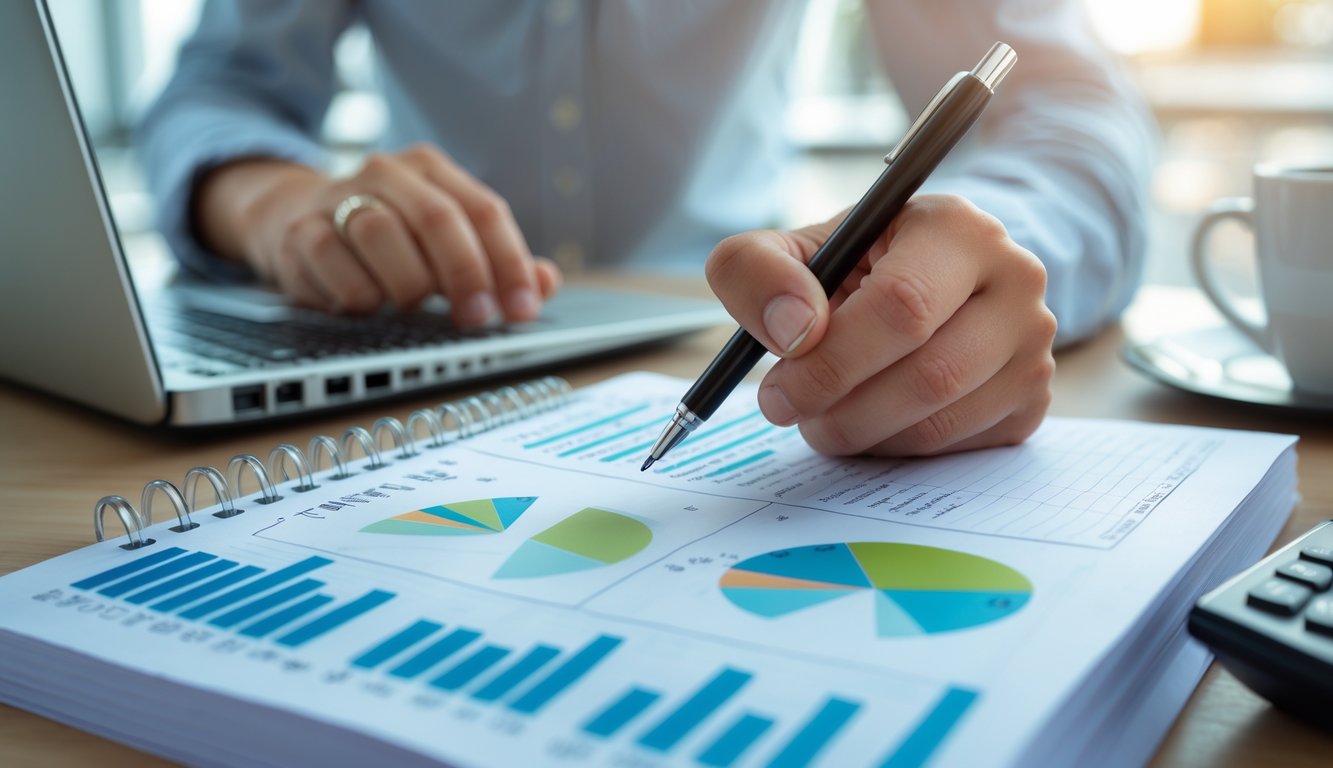 Tangan seseorang sedang menulis angka pada notepad di atas meja kantor dengan laptop dan kalkulator di sekitarnya.