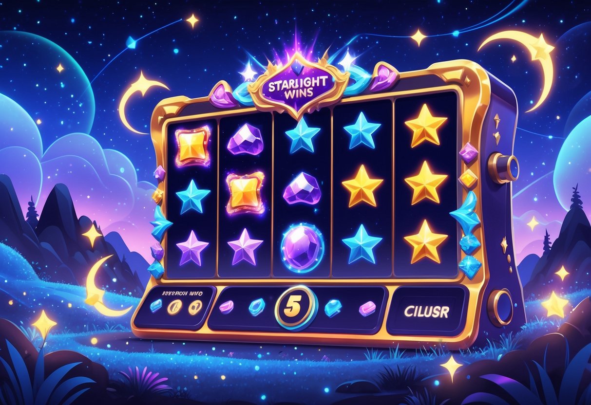 Ilustrasi mesin slot dengan latar langit malam berbintang dan simbol bintang bercahaya, dengan motif panda halus di sekitar mesin.