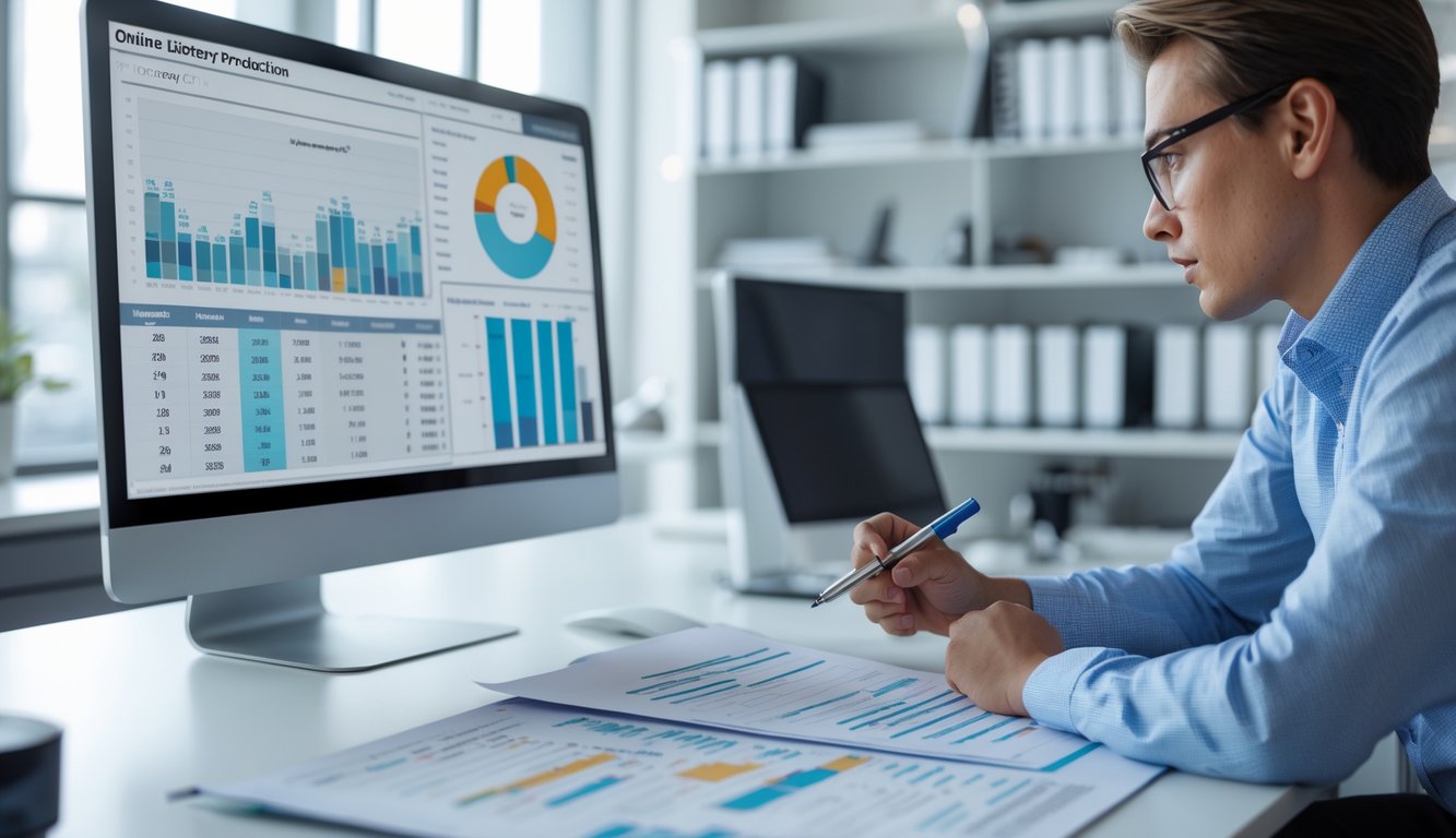 Seorang pria di kantor modern sedang menganalisis data prediksi togel online di depan komputer dengan grafik dan angka.