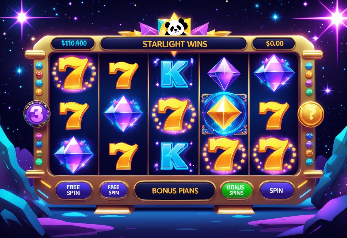 Ilustrasi mesin slot dengan latar bintang dan elemen kosmik, menampilkan simbol permata dan panda serta ikon fitur permainan seperti putaran gratis dan pengganda.