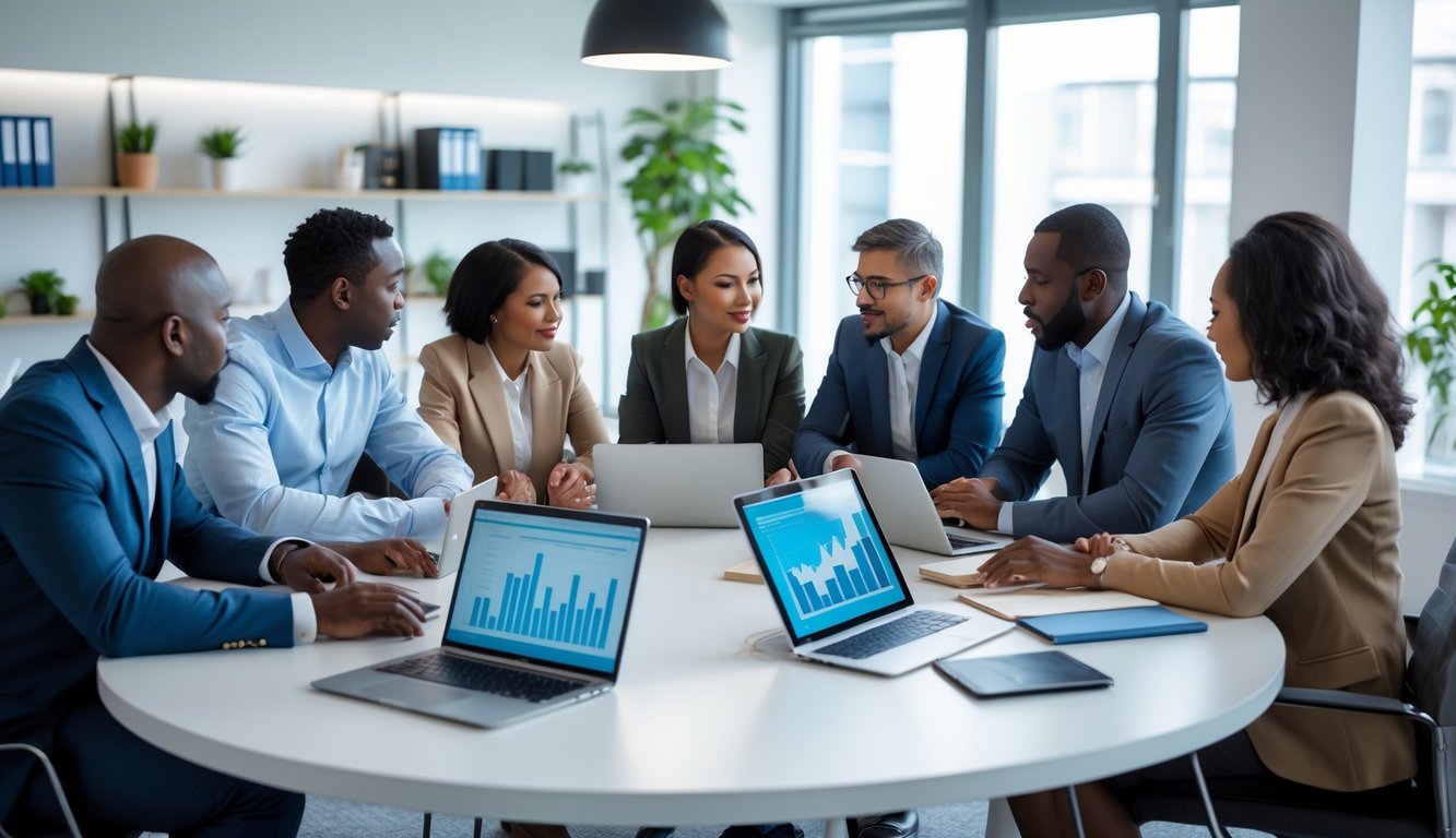 Sekelompok orang sedang berdiskusi serius di ruang kantor dengan meja penuh laptop dan alat tulis.