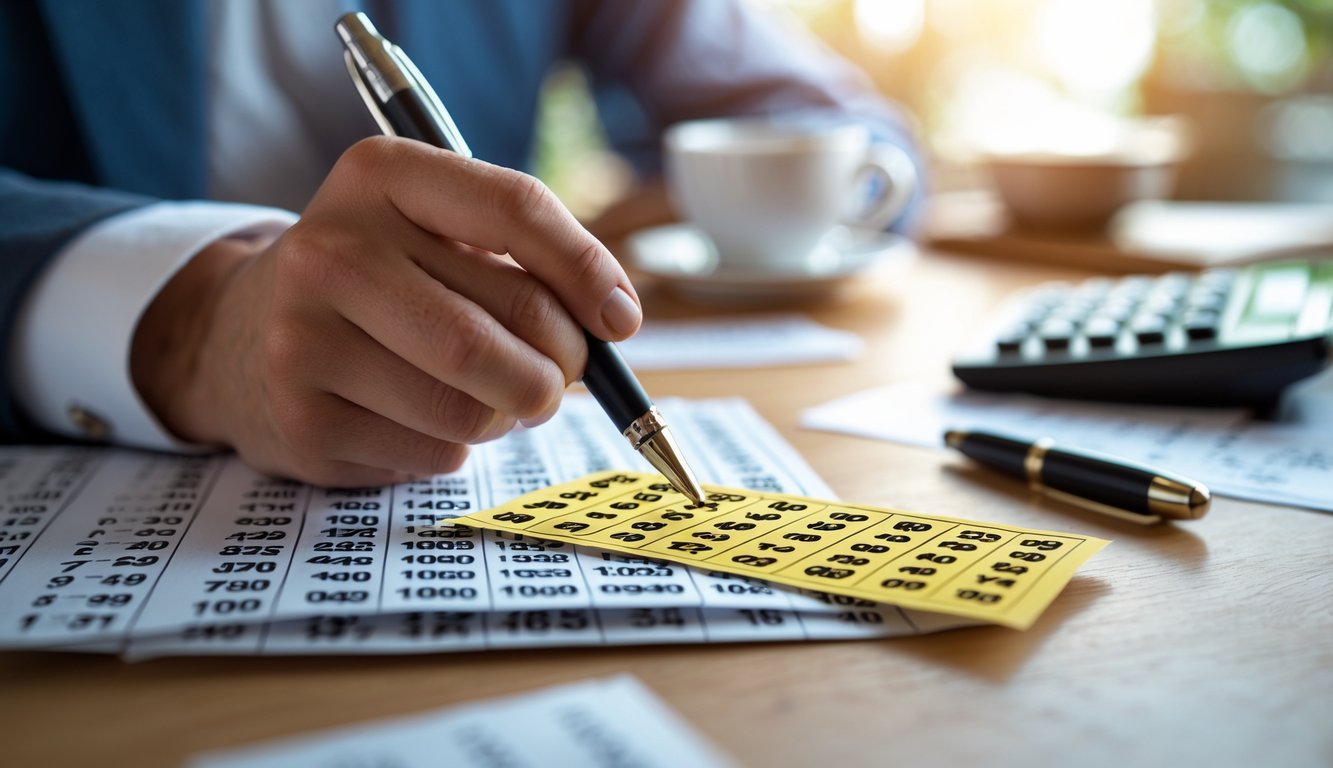 Tangan seseorang memegang pena di atas tiket togel dengan latar belakang meja berisi kalkulator, cangkir kopi, dan kertas.