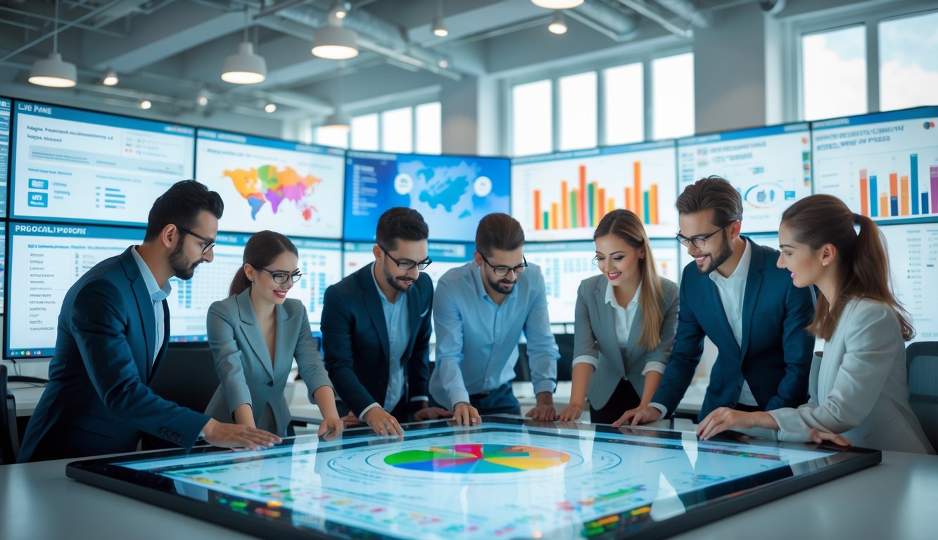 Sekelompok profesional bekerja bersama di kantor modern dengan layar digital besar menampilkan grafik dan data statistik.