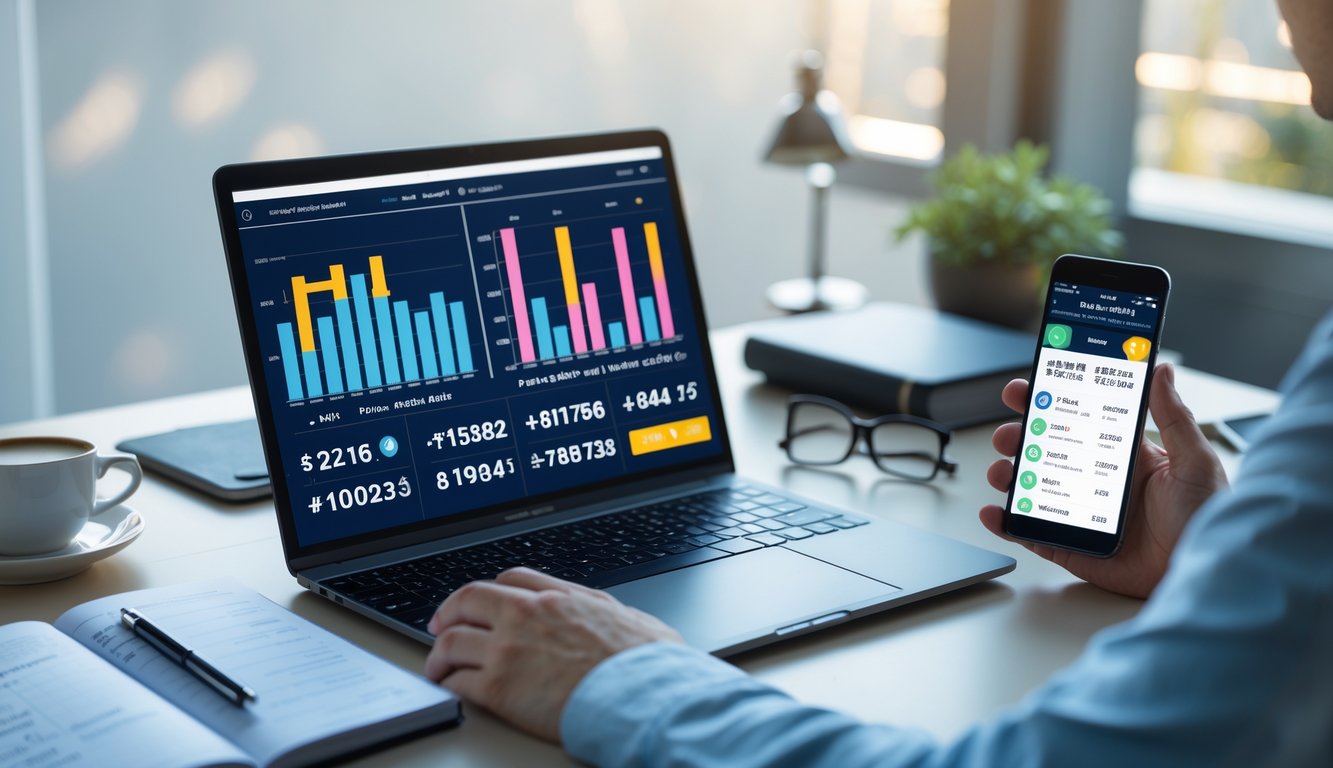 Seorang pria sedang bekerja di meja dengan laptop, smartphone, dan alat tulis, fokus pada analisis data prediksi togel.