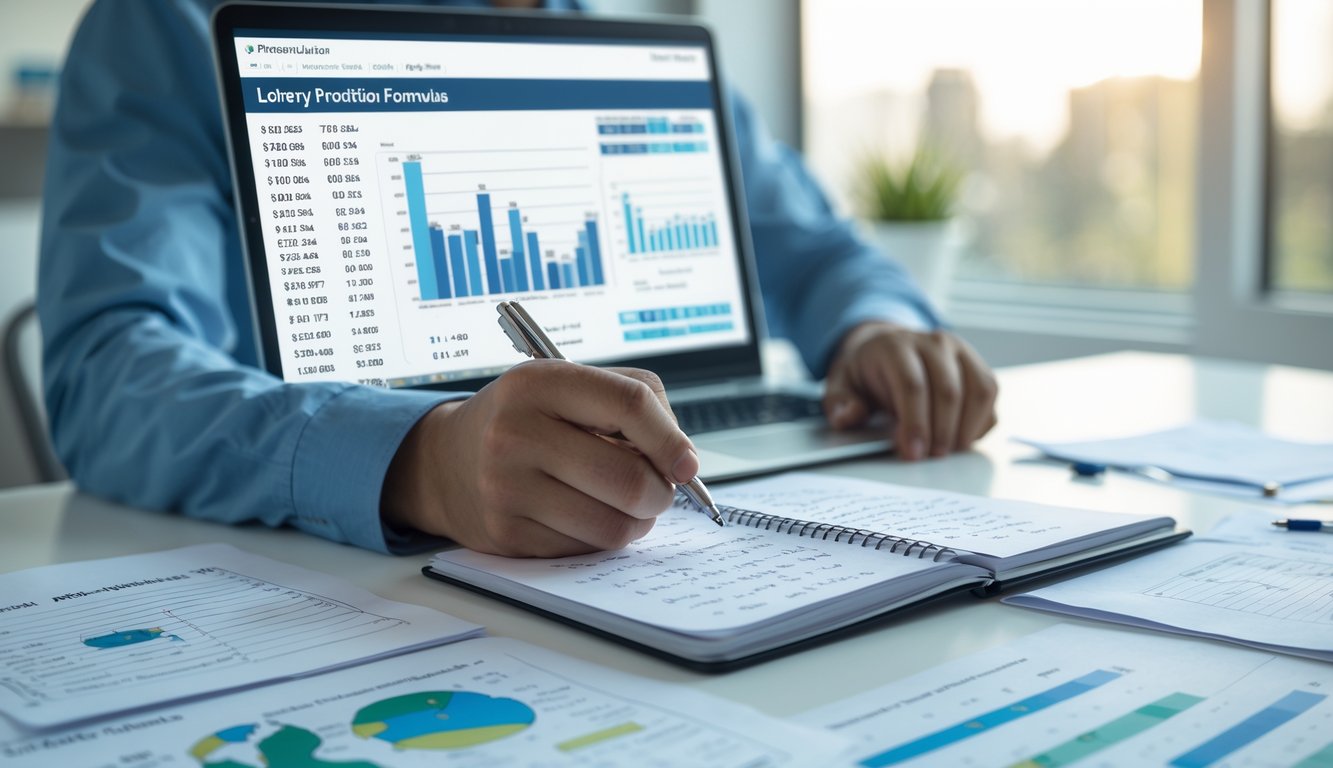 Seseorang sedang menganalisis rumus prediksi togel di meja kerja dengan laptop dan catatan angka.