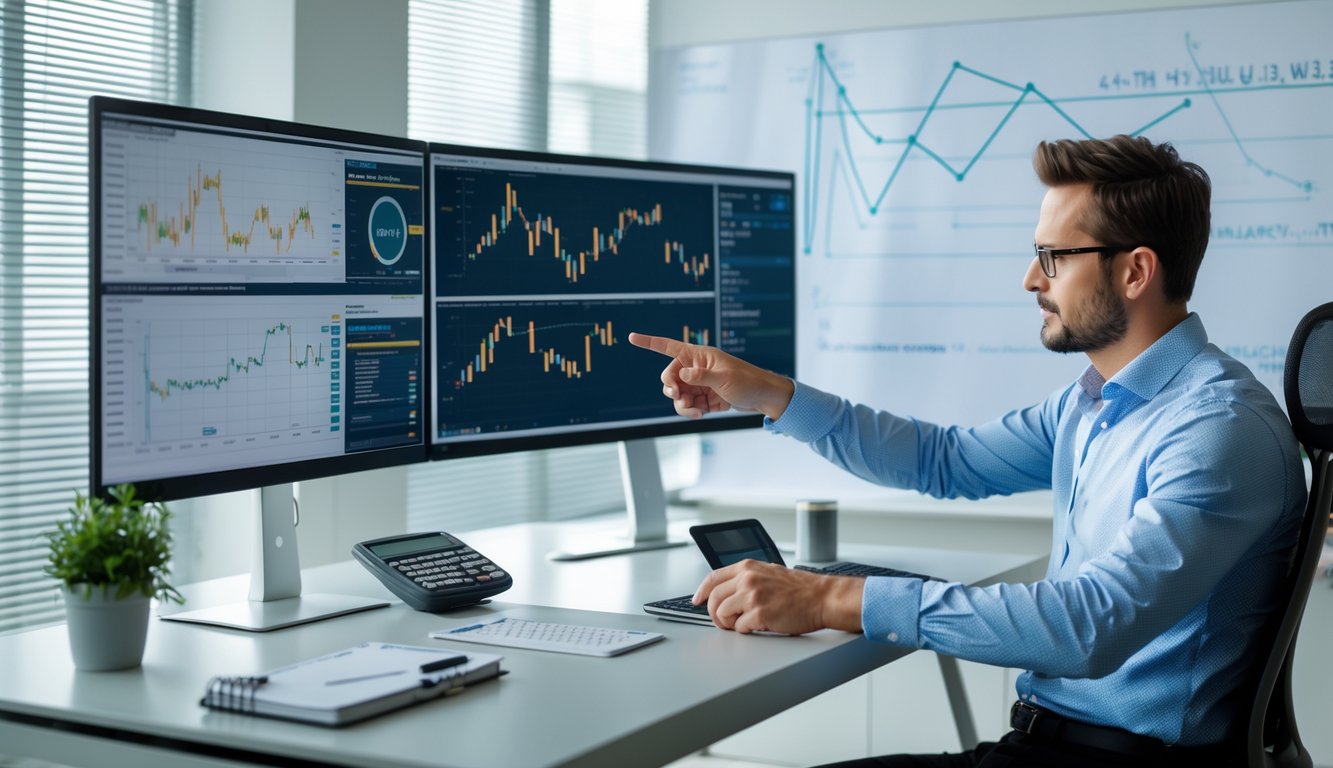 Seorang analis data di kantor modern sedang melihat layar komputer dengan grafik dan angka prediksi.