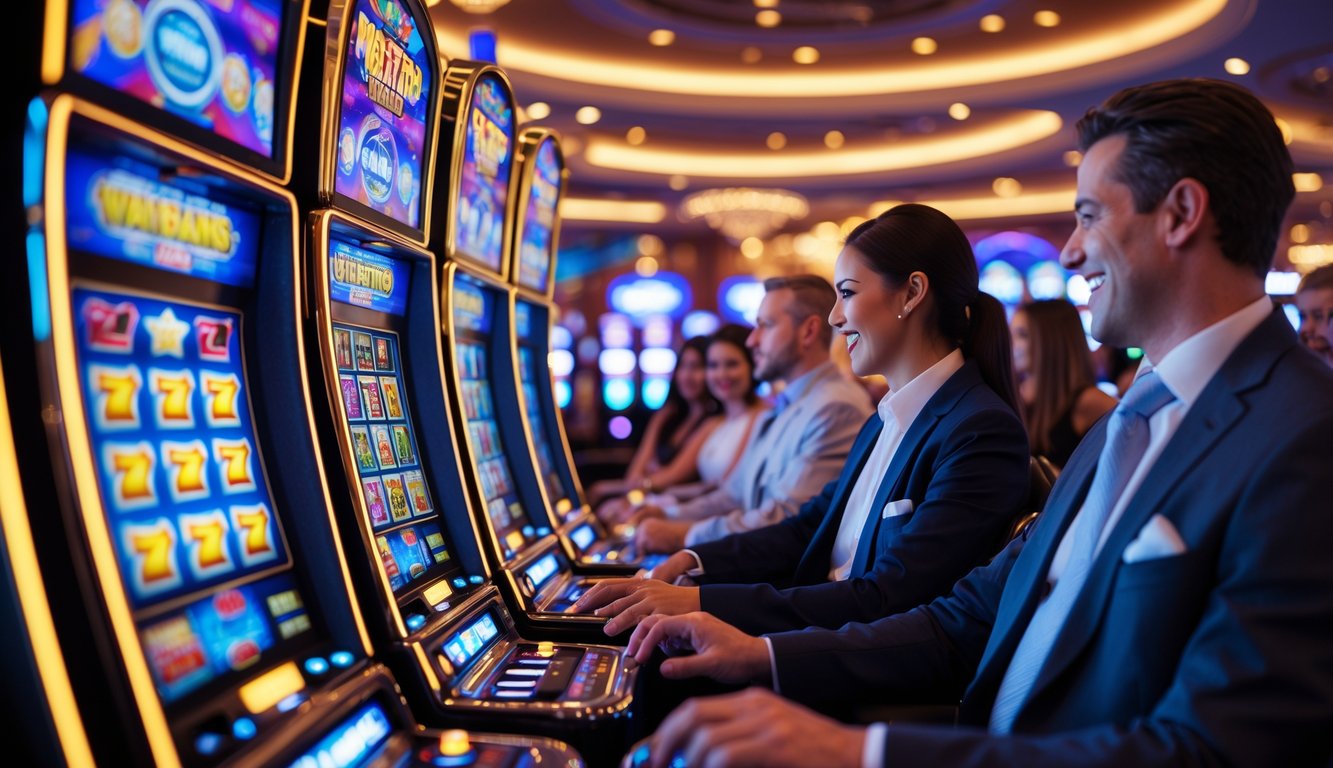 Suasana kasino modern dengan deretan mesin slot yang menyala dan beberapa orang bermain dengan senang.