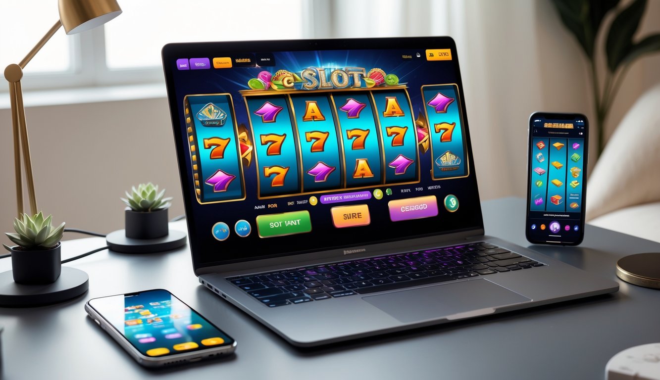 Seorang pengguna sedang bermain permainan slot online di laptop di ruang kerja yang nyaman dan modern.