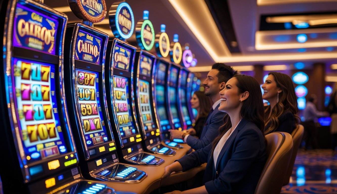Orang-orang sedang bermain mesin slot di kasino dengan lampu warna-warni dan suasana yang hidup.