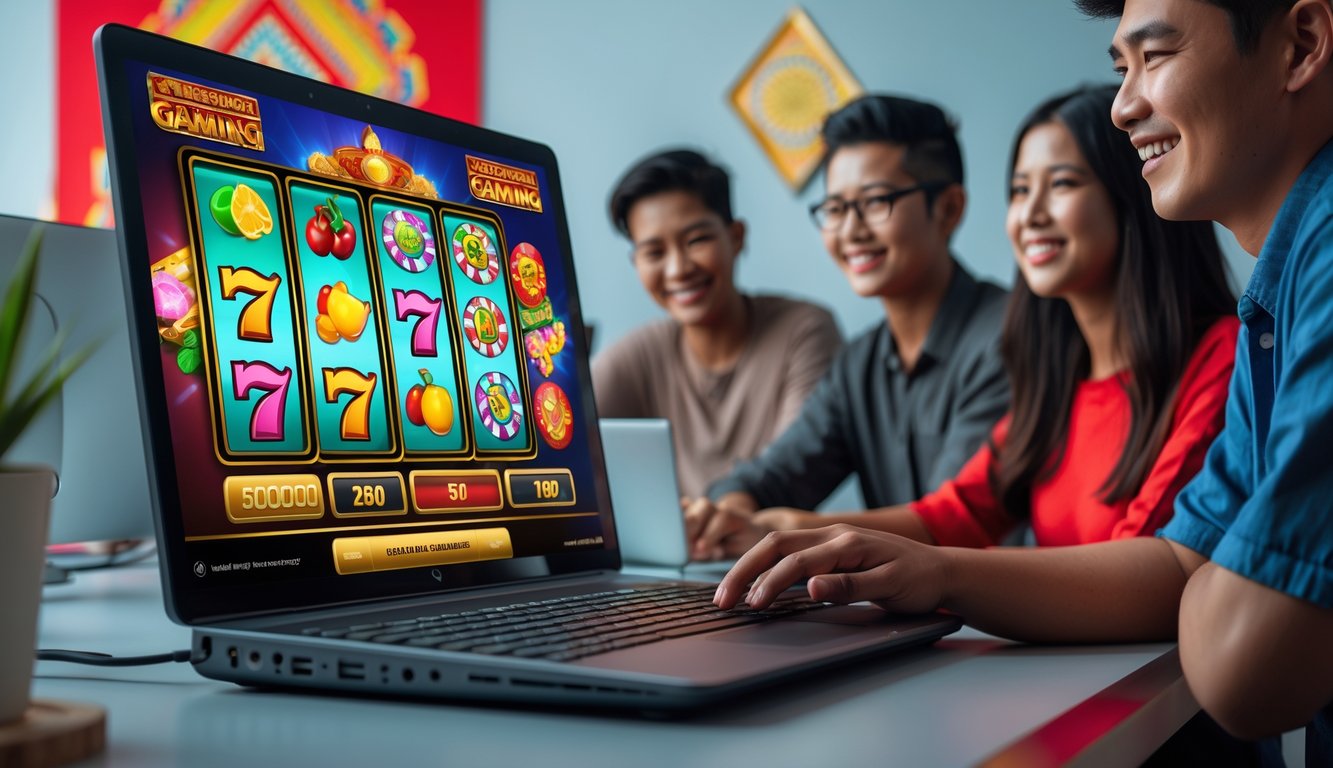 Orang-orang muda sedang bermain permainan slot online di komputer dengan latar belakang dekorasi tradisional Indonesia.