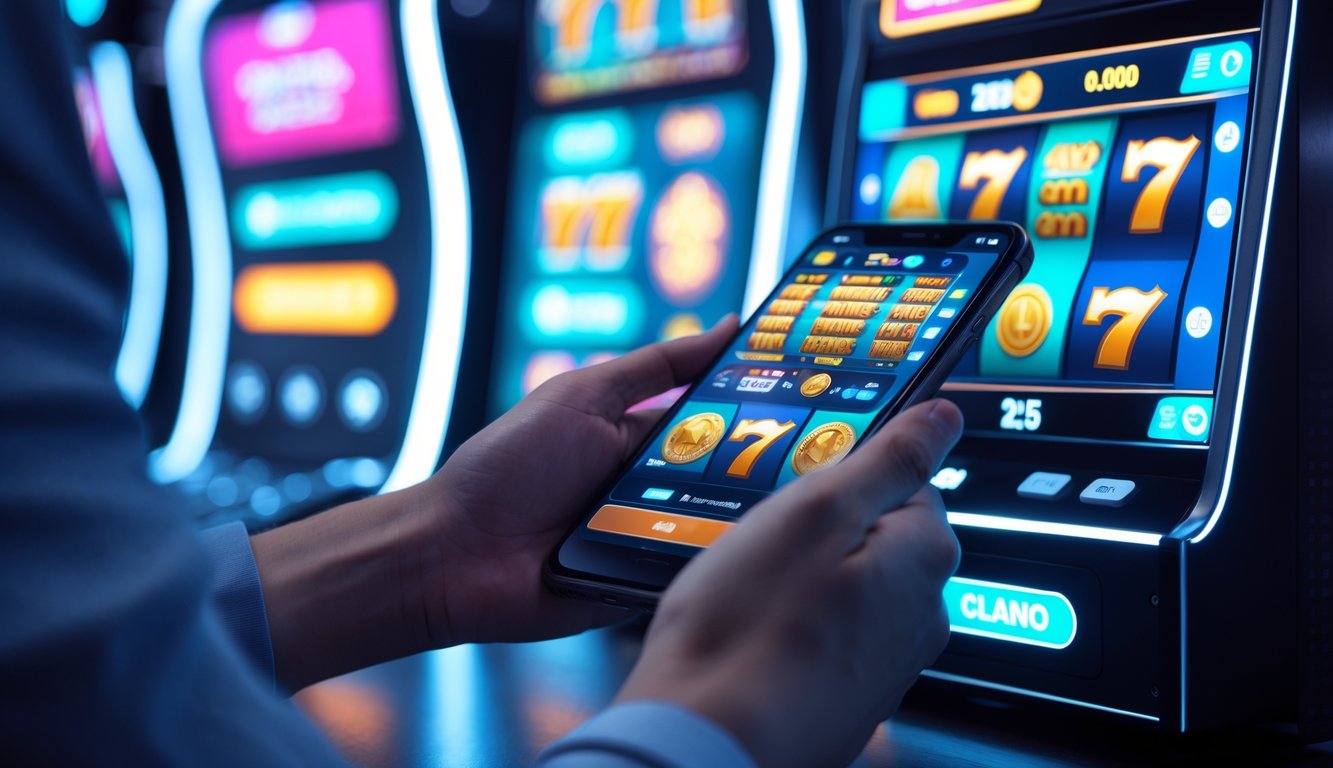 Seseorang menggunakan ponsel dengan tampilan permainan slot digital di layar, menunjukkan aktivitas judi slot dengan metode deposit pulsa.