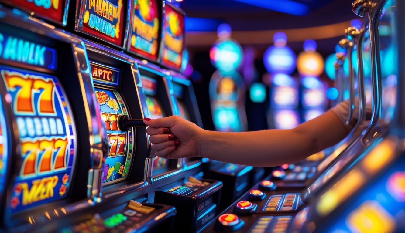 Seorang pemain sedang bermain mesin slot di kasino dengan lampu warna-warni dan simbol pada gulungan mesin.