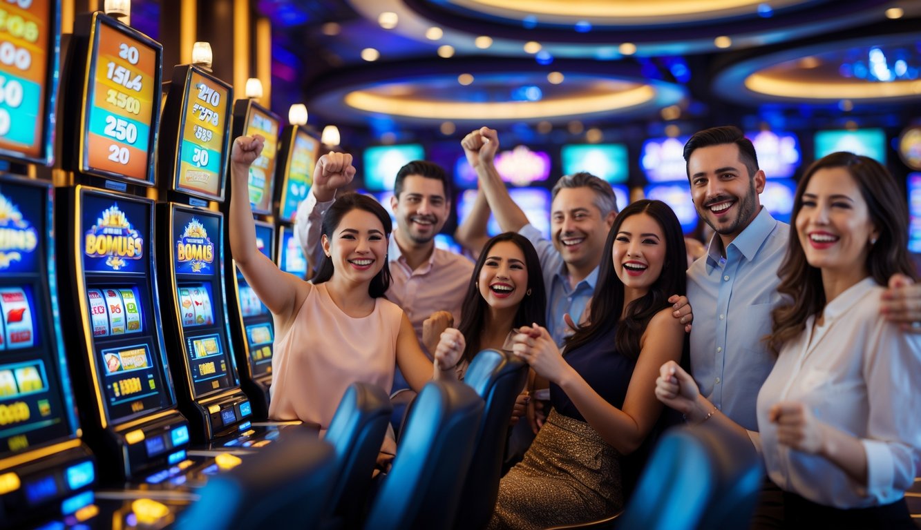 Orang-orang senang bermain mesin slot di kasino dengan lampu warna-warni dan suasana meriah.