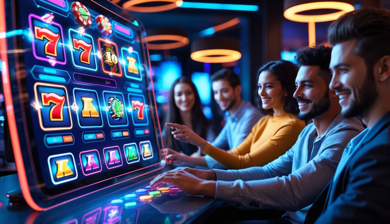 Sekelompok orang muda menggunakan layar sentuh digital dengan ikon mesin slot berwarna-warni di ruangan bergaya kasino modern.