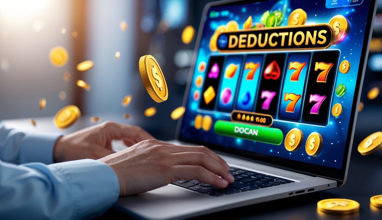 Seorang pemain menggunakan komputer dengan layar menampilkan permainan slot online yang berwarna-warni dan menarik.