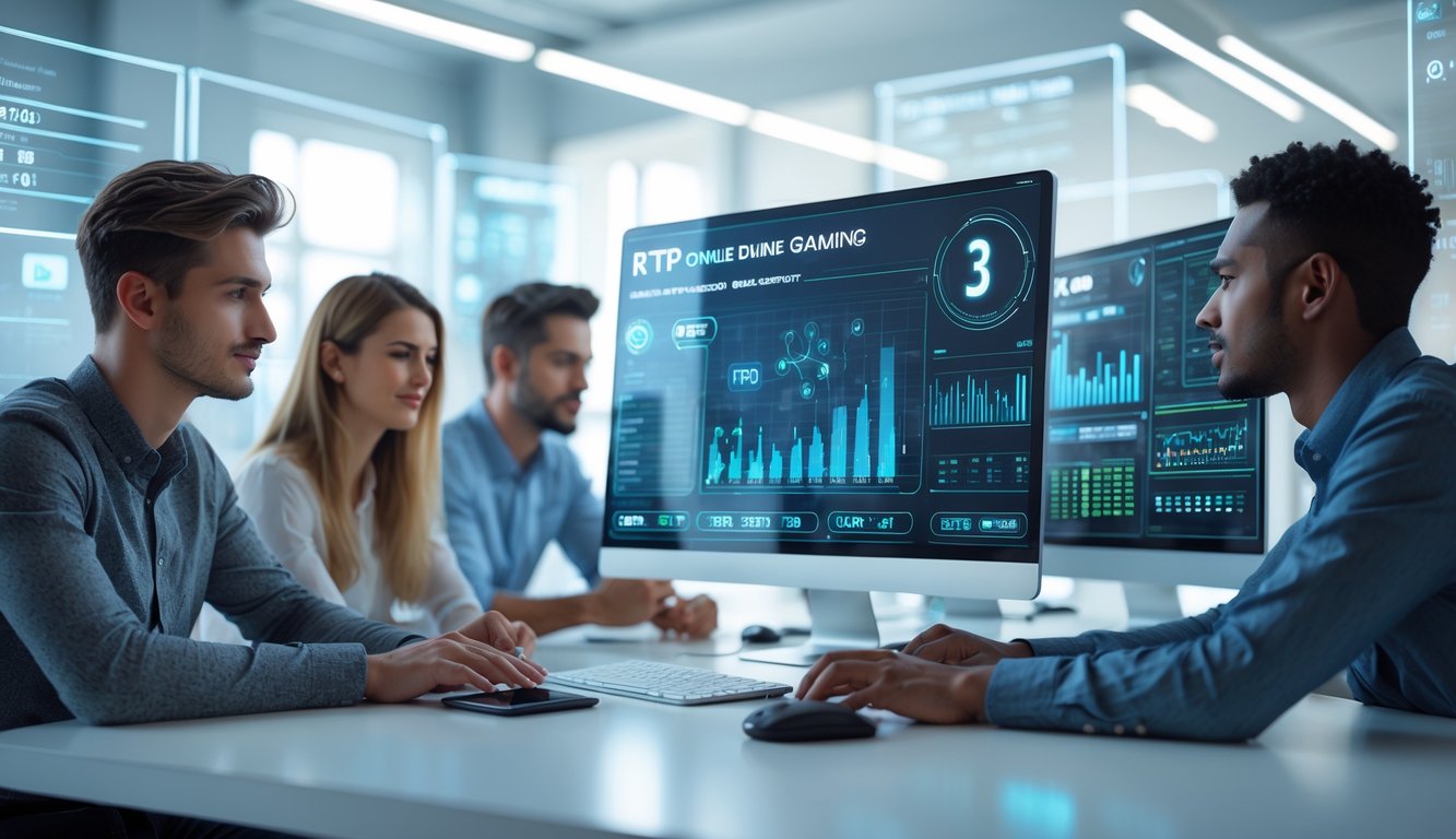 Orang-orang sedang menganalisis data di depan layar komputer di ruang kantor modern yang terang.