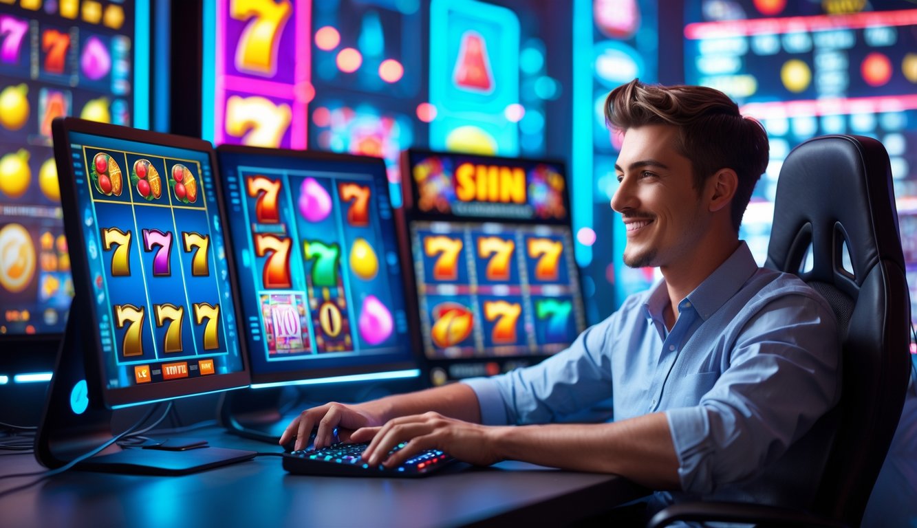 Seseorang sedang bermain permainan slot online di komputer dengan layar menampilkan berbagai simbol mesin slot yang berwarna-warni.