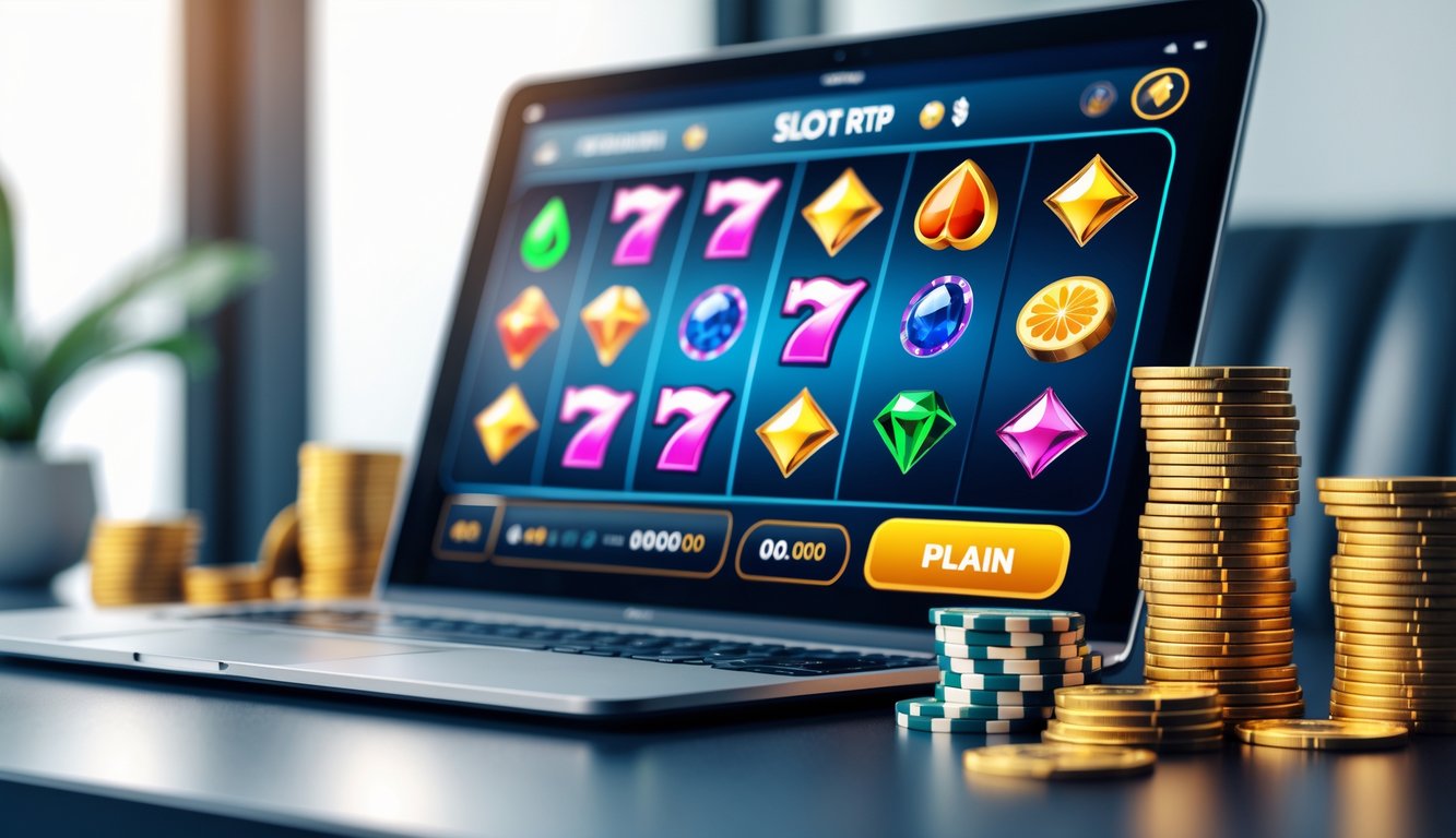 Layar perangkat digital menampilkan permainan slot online dengan simbol buah dan permata, dikelilingi tumpukan koin dan chip poker.