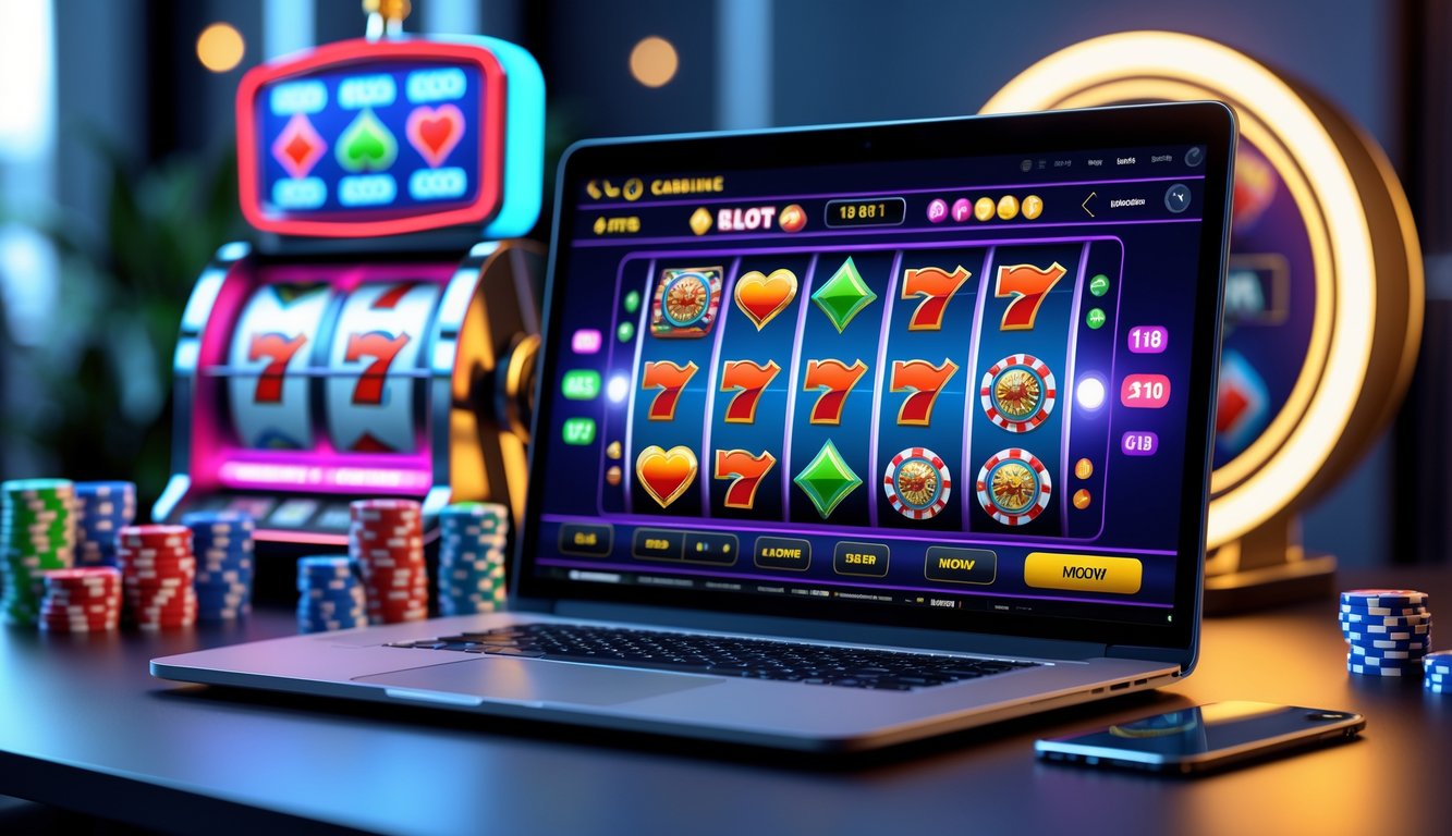 Sebuah laptop dan ponsel menampilkan permainan slot online di meja kerja dengan dekorasi bertema kasino di latar belakang.