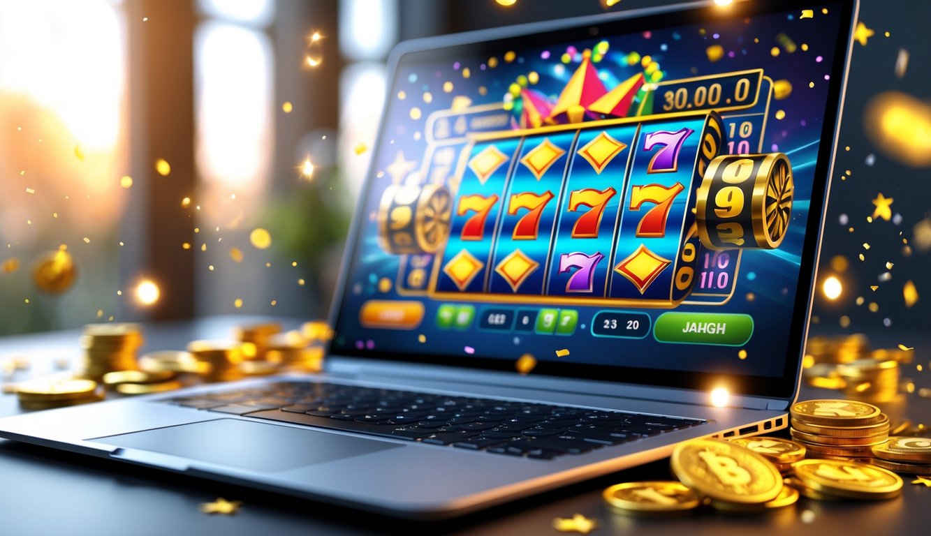 Layar komputer menampilkan permainan slot online dengan koin emas dan cahaya berkilauan di sekitarnya.