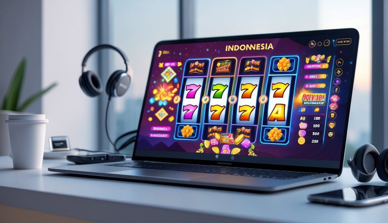 Seorang pengguna bermain mesin slot online dengan latar belakang elemen khas Indonesia seperti pola batik dan peta kepulauan.