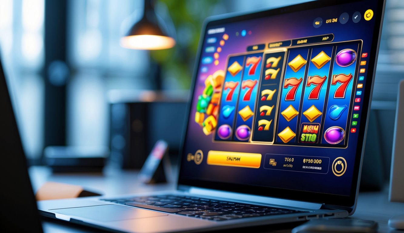 Seorang pengguna sedang bermain permainan slot online di komputer dengan latar belakang yang bersih dan pencahayaan yang nyaman.